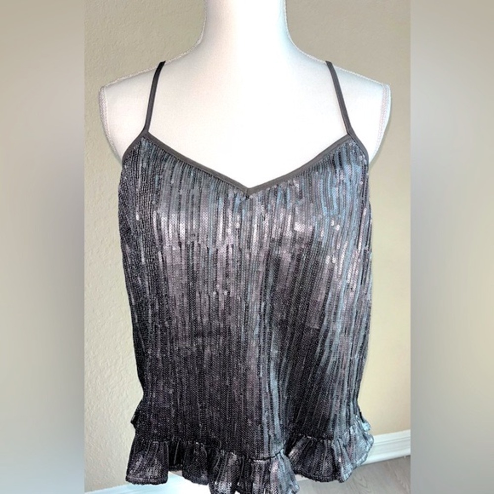 Anthropologie ‘Amelie’ Gunmetal Sequin Ruffle Cami, NWT